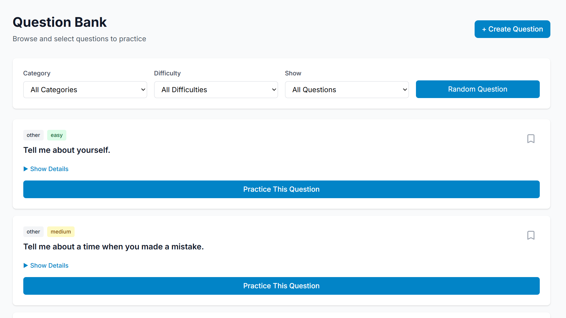 Question library interface